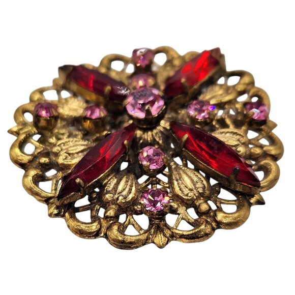 Vintage Austrian Filigree Brooch with Pink & Red Rhinestones, Signed Made in Aus - Picture 8 of 13